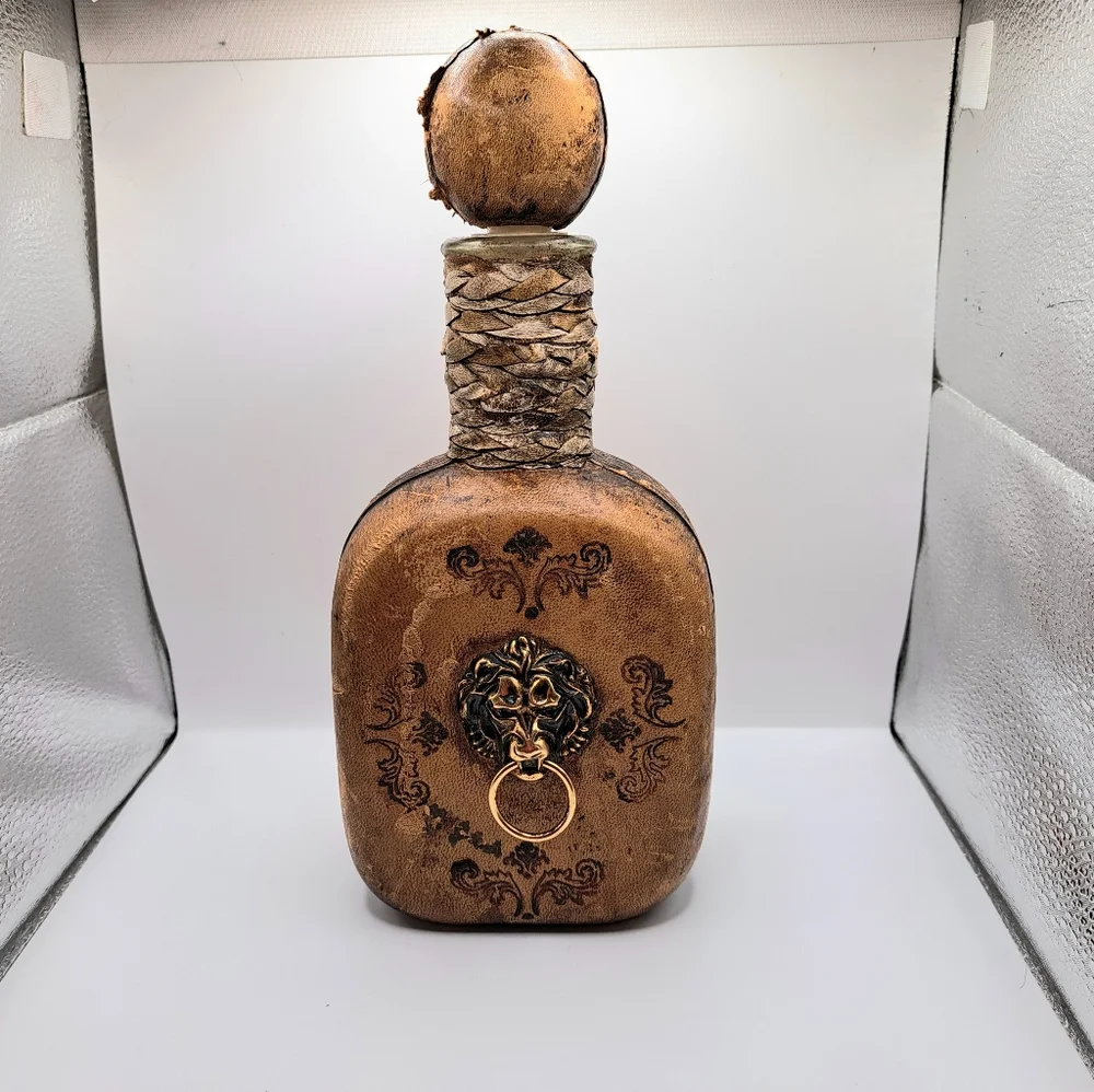 Vintage Leather Wrapped Italian Decanter with Lion